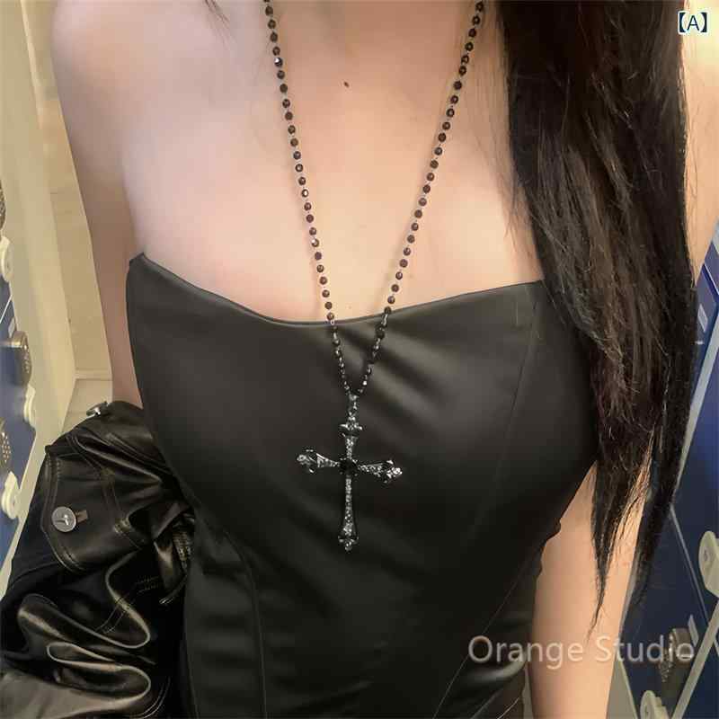 ネックレス　十字架　クロス レトロ ダーク クロス ネックレス サブカルチャー ゴシック ロング ラインストーン セーター チェーン スイート クール 鎖骨