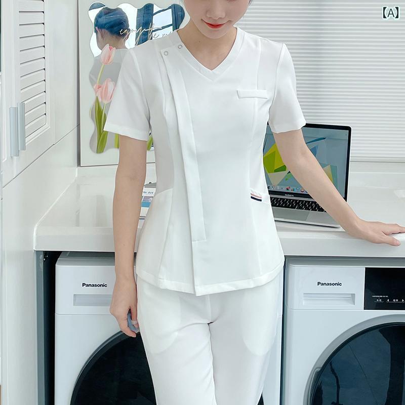 作業服　美容　医療 韓国 Vネック ホワイト 半袖 スクラブ スーツ 看護 師 病院 口腔 クリニック 医師 ..