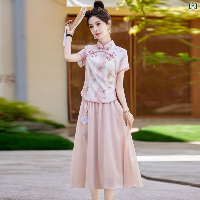 ドレス　チャイナドレス　レディース チャイナ風 チャイナ ドレス スーツ 女性 2025 夏 プリント 漢服 ..