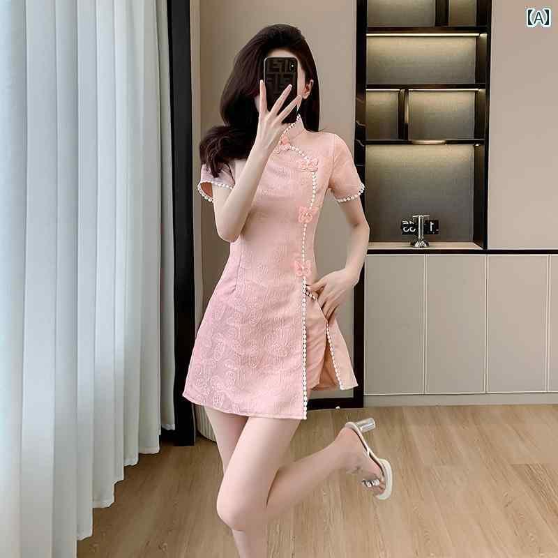 ドレス　チャイナ　レディース チャイナ風 チャイナ ドレス 若見え スタイル ジャカード レディース 夏 レトロ 民族 風 ボタン 付き ショート パンツ ツーピース スーツ スカート