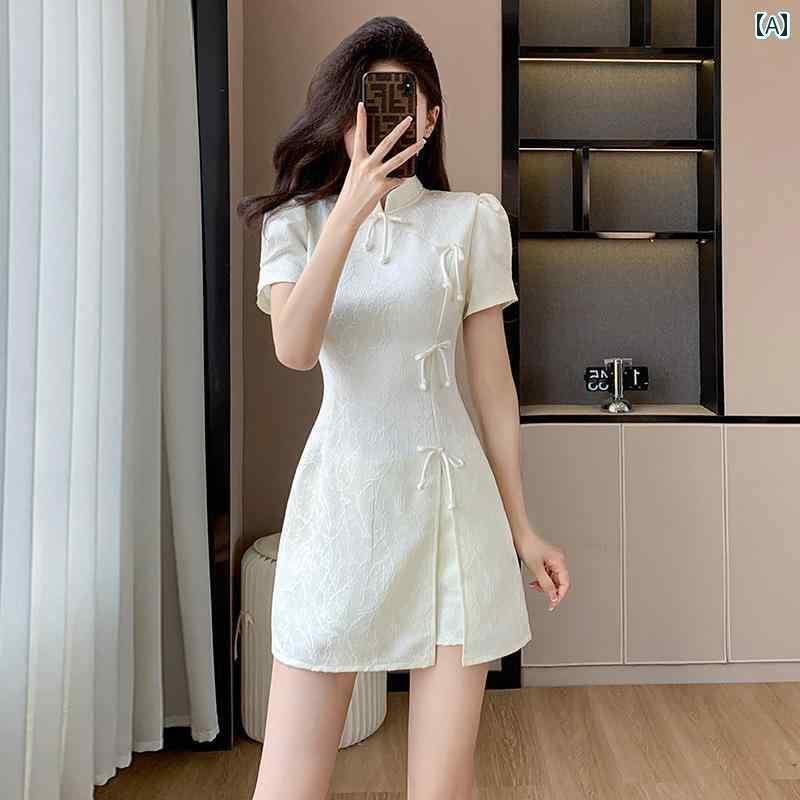 ドレス　チャイナ　レディース チャイナ風 チャイナ ドレス 蝶 結び ボタン 付き おしゃれな ジャカー..