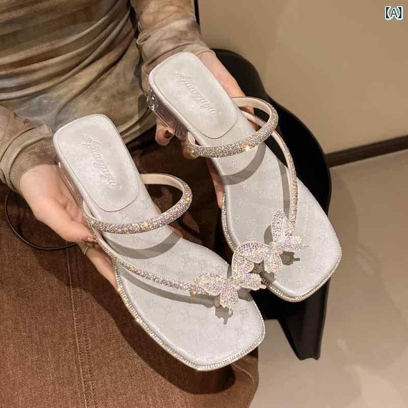 レディース　サンダル　スリッパ 2025 フェアリー 靴 ミッド ヒール スリッパ バタフライ ラインストー..