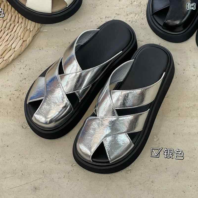 レディース　サンダル　スリッパ 赤い トンボ 革 包 頭 スリッパ 女性用 2024夏 厚底 編み カジュアル スリッポン ビーチ サンダル