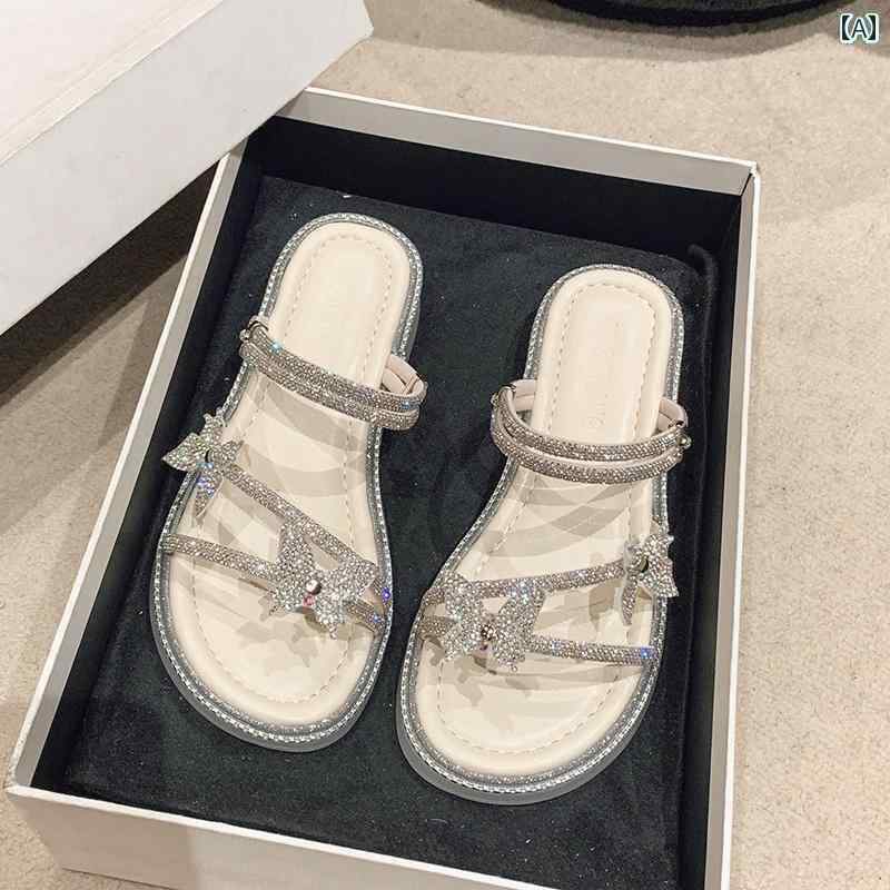 レディース　サンダル　スリッパ 夏に 外で 履く レディース 美しい スリッパ 2025の 蝶の ラインスト..