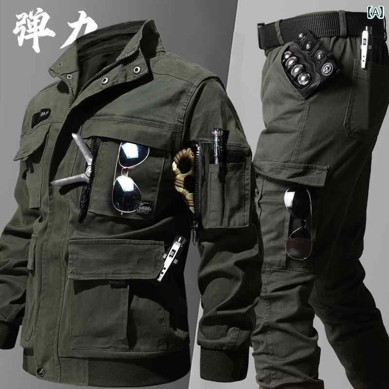 作業服　メンズ　ワークウェア 弾性 綿 耐摩耗 労働 保護 服 作業着 迷彩 ジャケット 厚手 春秋 男性 ..