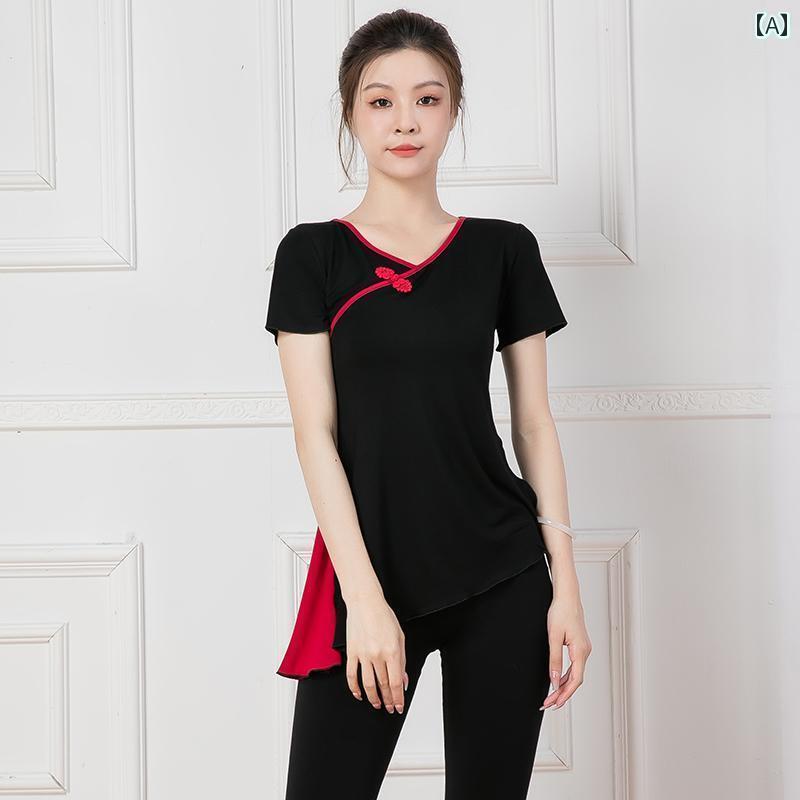 レディース　エクササイズ　パンツ レトロ ボタン 付き サイドスリット ダンス クラシック モダン スクエアダンス 服 ヨガエクササイズ ボディシェイプ トップス