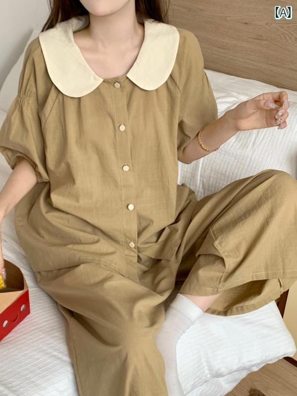 セットアップ　レディース　カラー シンプル 大きいサイズ 綿 麻 パジャマ 女性用 夏 半袖 ズボン カー..