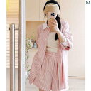 セットアップ レディース カラー ピンクの シャツ スーツ レディース 夏 ファッション 塩 ライン ウェア カジュアル ストライプ 日焼け防止 服 ショート パンツ ツーピース