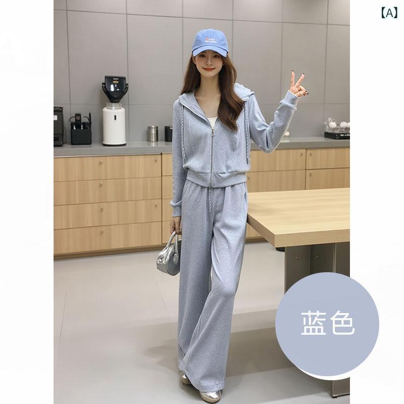 セットアップ　レディース　カラー 女性用 カジュアル セーター スーツ 2025年の スポーツ スタイル 年齢を 減らす 小さい ライト ブルー ワイド レッグ パンツ ツーピース