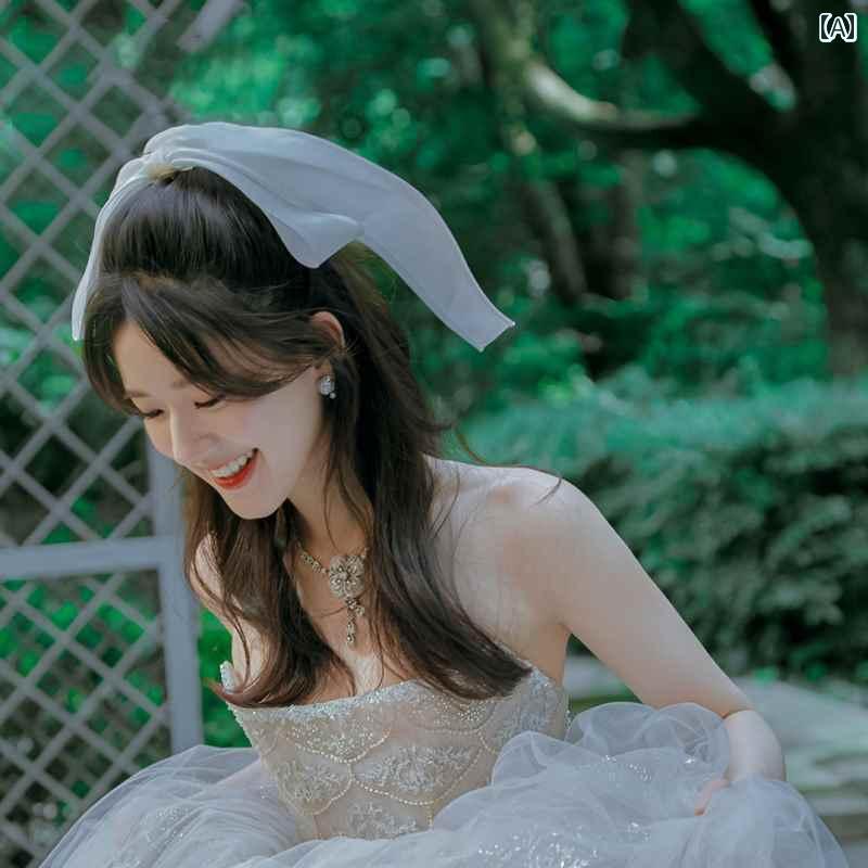 リボン　アクセサリー　かわいい 白い ベール 登録 証明 書 小さい リボン ヘッド ドレス 花嫁 ウェデ..