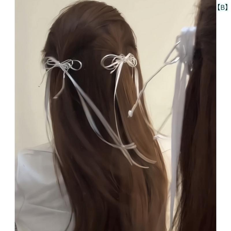リボン　アクセサリー　ロープ 韓国 ビーズ 付き 多層 リボン ヘア ピン ストリー...