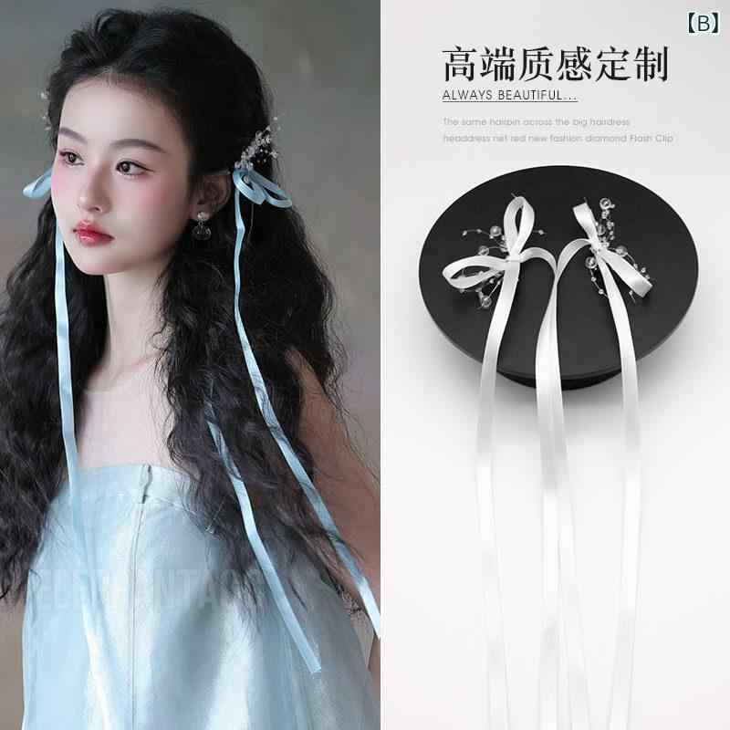 リボン　アクセサリー　ロープ なの 少女 リボン 弓 ヘア ピン 長い クリップ 韓国...