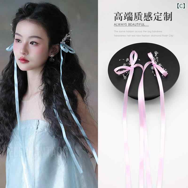 リボン　アクセサリー　ロープ なの 少女 リボン 弓 ヘア ピン 長い クリップ 韓国...