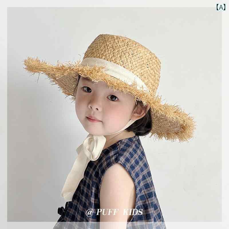 リボン　アクセサリー　ロープ 韓国 子供用 サンハット 夏用 つば 広 夏 休み ビーチ 女の子用 フラン..