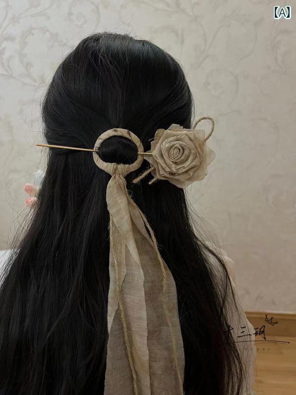リボン　アクセサリー　ロープ 植物 絞り 染め 生地 乾燥 燃焼 バラ リボン ヘア ピン 女性 チャイナ風..