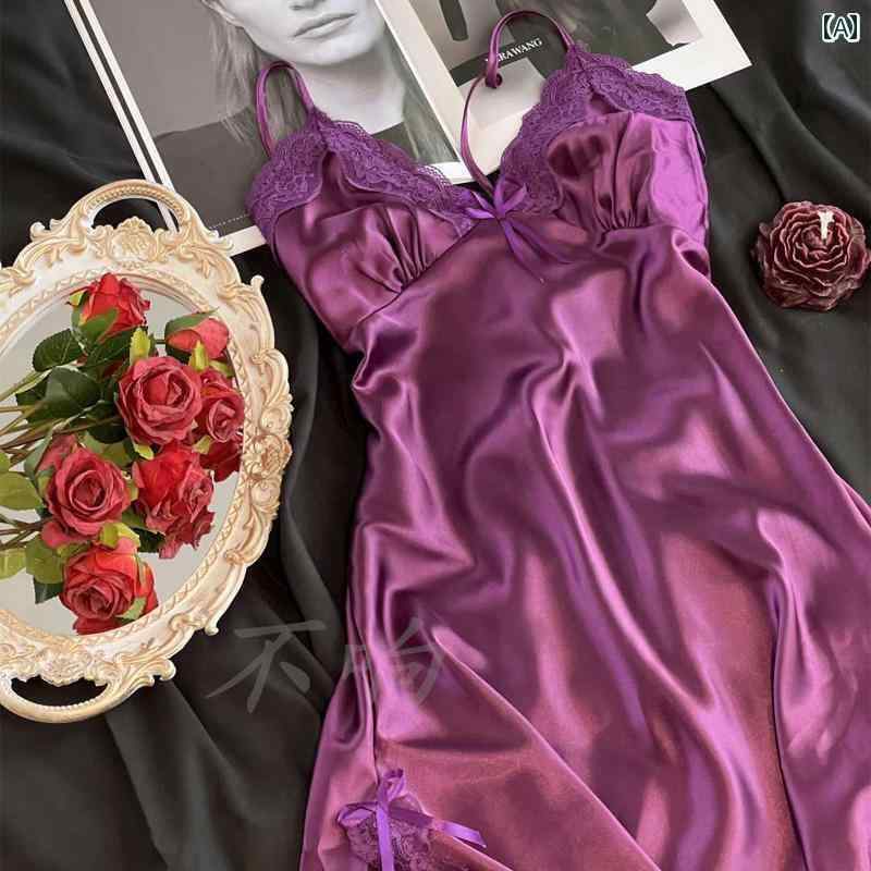レディース　ドレス　ワンピース ナイトドレス 紫 セクシー パジャマ スリング レディース 夏 冷感 Vネ..