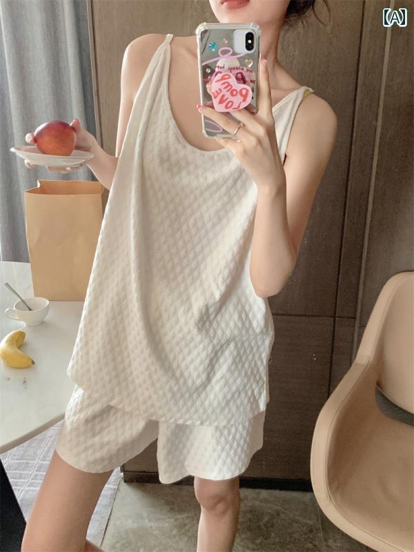 レース キャミソール トップス な スタイル ホワイト サスペンダー パジャマ レディース 夏 綿 格子 ジャカード 魅惑的 ベストノースリーブ ホームウェア ...