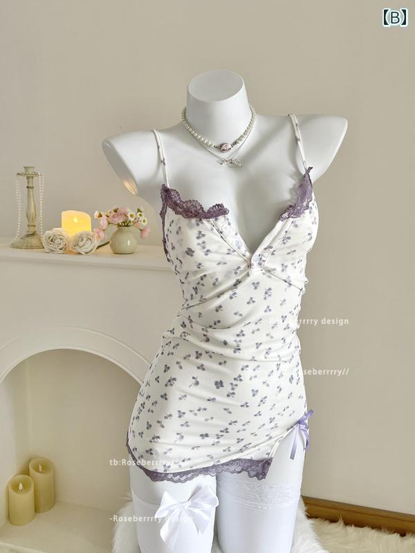 レース　キャミソール　トップス Roseberrrry 紫の 風鈴の 女の子 小さい 花柄の 魅惑的 パジャマ な レースの サスペンダー ナイトドレス