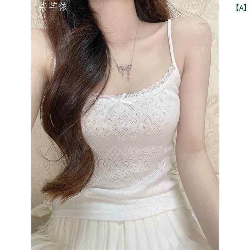 レース　キャミソール　トップス 綿の 白い ベスト なの 少女 バレエ 愛 刺繍 レース スリム スリング ..