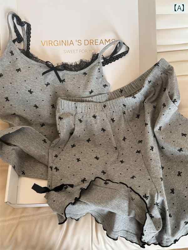 レース キャミソール トップス な 蝶 ネクタイ 胸 パッド サスペンダー パジャマ セット 春秋 レース ショーツ ホームウェア 大きいサイズ