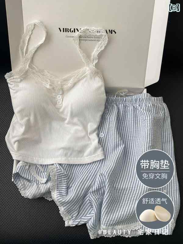 レース キャミソール トップス 夏の デザイア スタイル サスペンダー パジャマ 女性用 胸 パッド 付き レース ベスト ショーツ ホームウェア セット 外出...