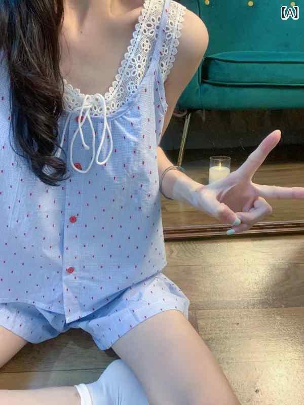 インナー レース キャミソール 韓国 ドットの サスペンダー パジャマ 女性用 夏用 レース ベスト ショーツ ホームウェア セット 外で 着用 可能