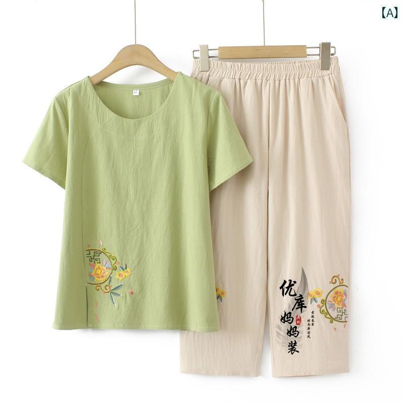 レディース　カジュアル　ウェア 夏 ママ スタイル 刺繍 綿 半袖 Tシャツ セット 洋風 母の 日 女性(4)