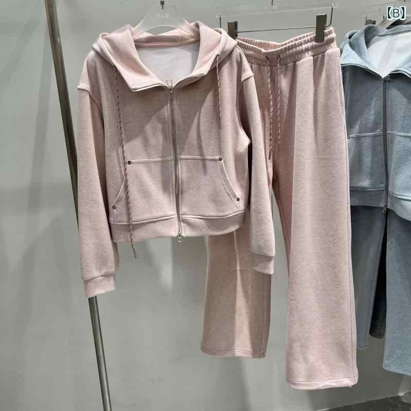 レディース　カジュアル　ウェア 女性用 ピンク サンド スポーツ スーツ 2025 春 スタイリッシュで 年齢を 感じさせにくい フード付き ジッパー カーディガン カフスと ズボンの ツーピース
