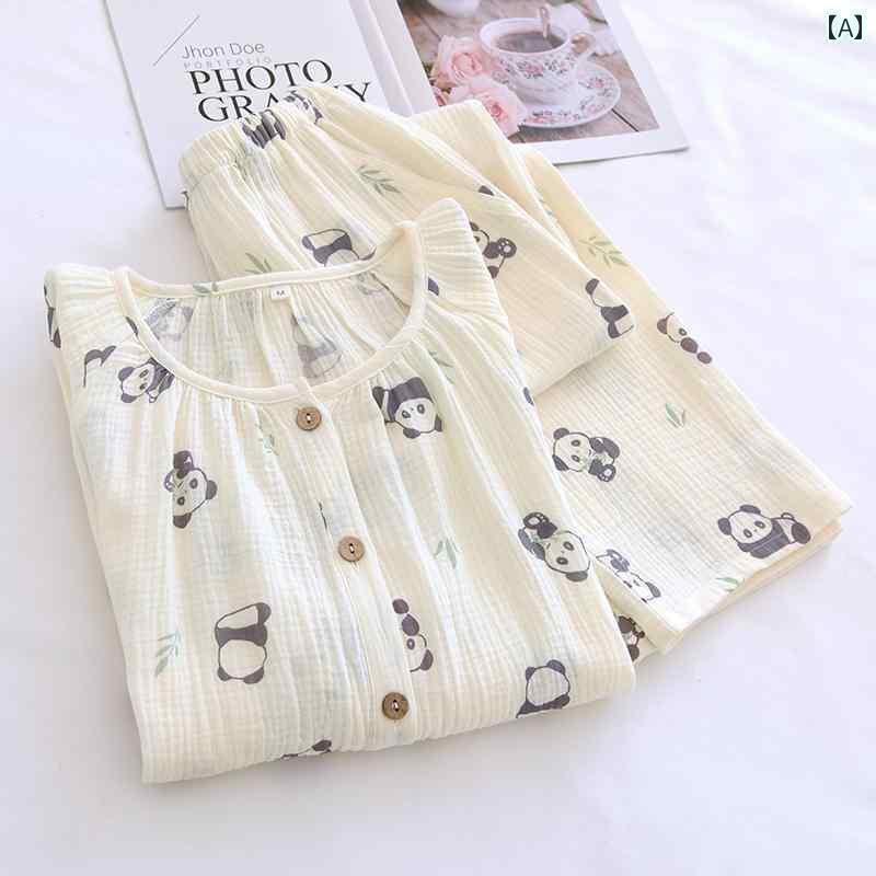 パジャマ　上下　薄手 パンダ ラウンドネック 綿 ダブル ガーゼ パジャマ レディース 春秋 薄手 長袖 コットン ホーム 服 夏