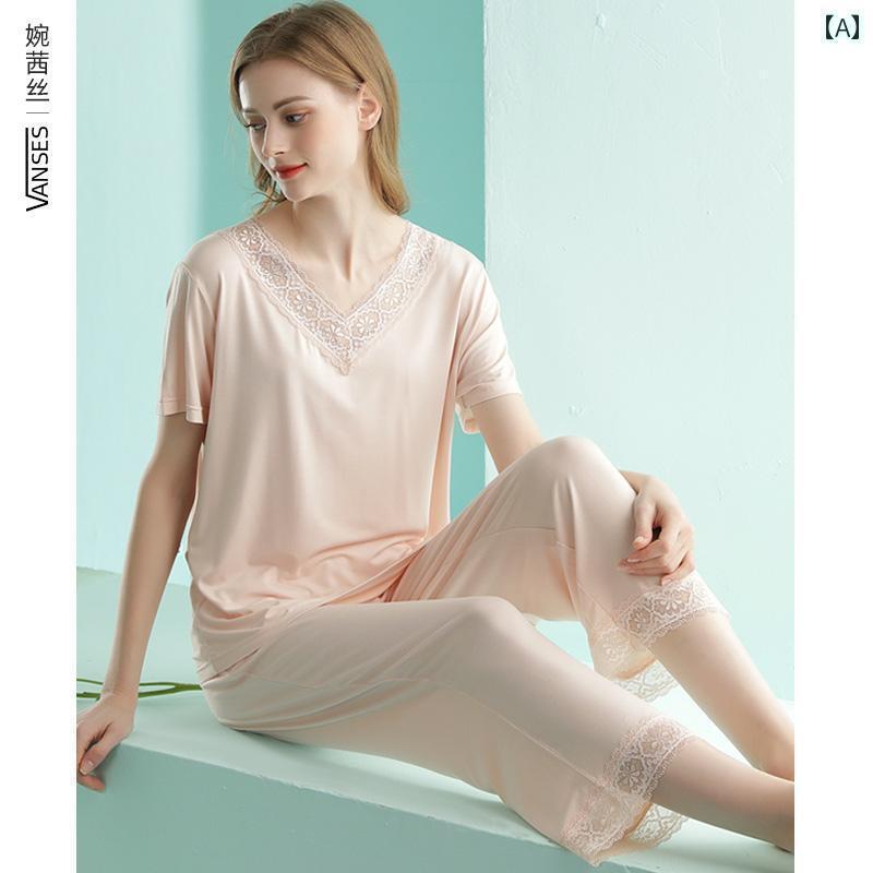 レディース インナー サスペンダー 涼しい 半袖 ズボン パジャマ 女性 モダールコットン シルク 冷感 レース Vネック 春夏 エアコン ホーム 服 スーツ