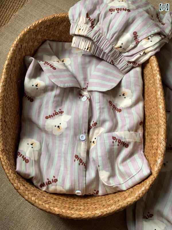 パジャマ　上下　薄手 100 % コットン ストライプ 犬 ベビー 二 重 ガーゼ パジャマ 女性 秋 長袖 家 着 スーツ