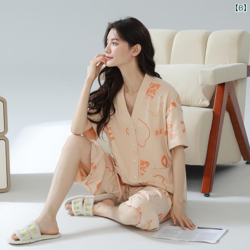 パジャマ　上下　薄手 100 % コットン パジャマ レディース 夏 半袖 クロップドパンツ 薄手 着物 襟 カーディガン ホームウェア