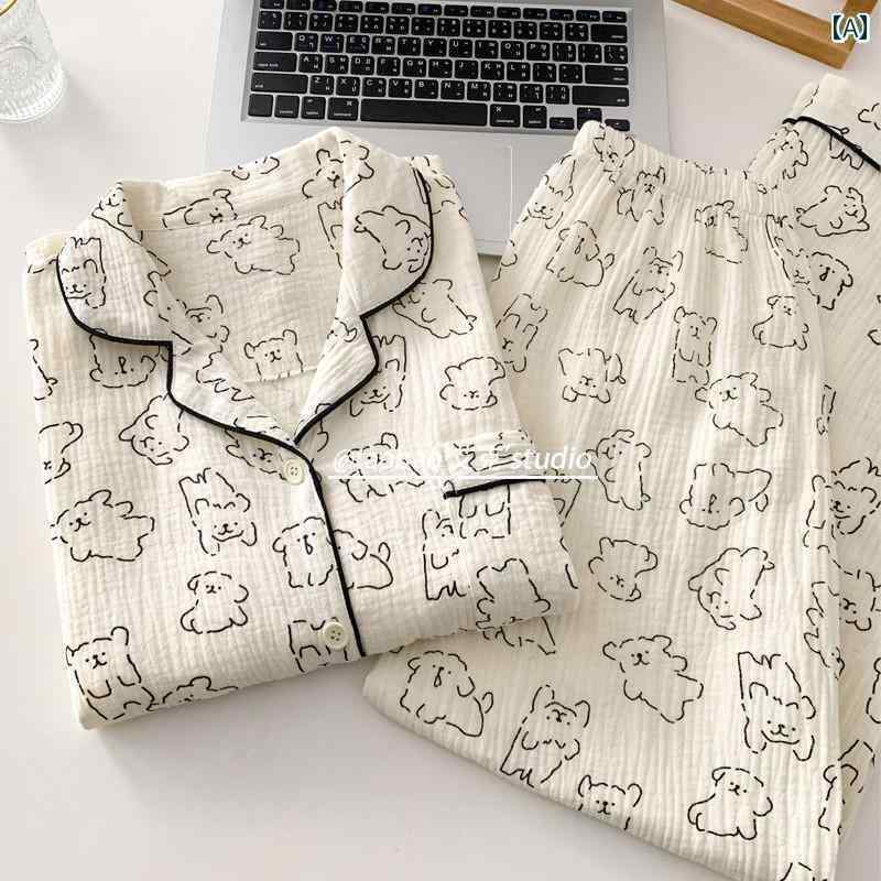 パジャマ　上下　薄手 春秋 レディース 韓国 綿の 二 重 ガーゼ パジャマ 長袖 カジュアル そして 家 着と して 外で 着る ことが できます