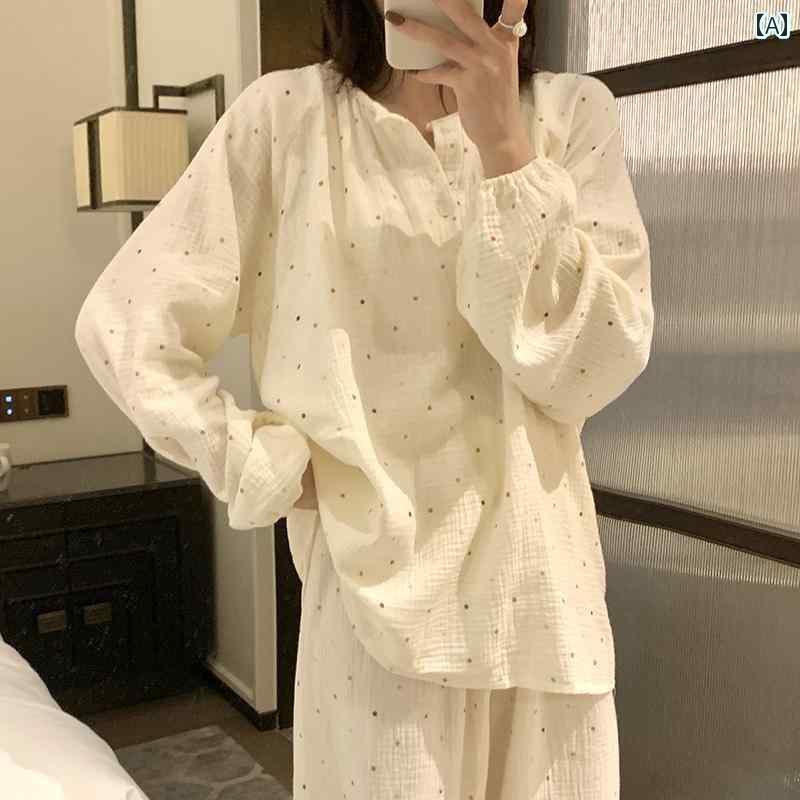 パジャマ　上下　薄手 綿 ガーゼ パジャマ レディース 春秋 二 重 綿糸 長袖 ズボン ツーピース スーツ..