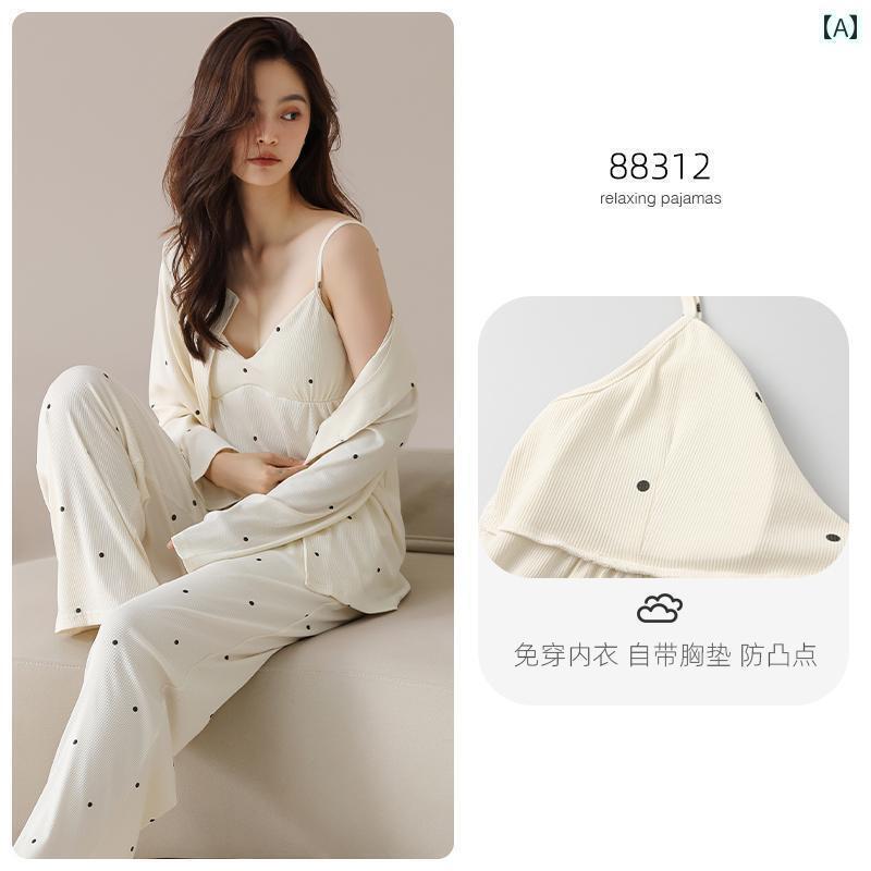 パジャマ　上下　薄手 春秋用 レディース パジャマ 綿 長袖 サスペンダー 胸 パッド 付き ドット 家 着..