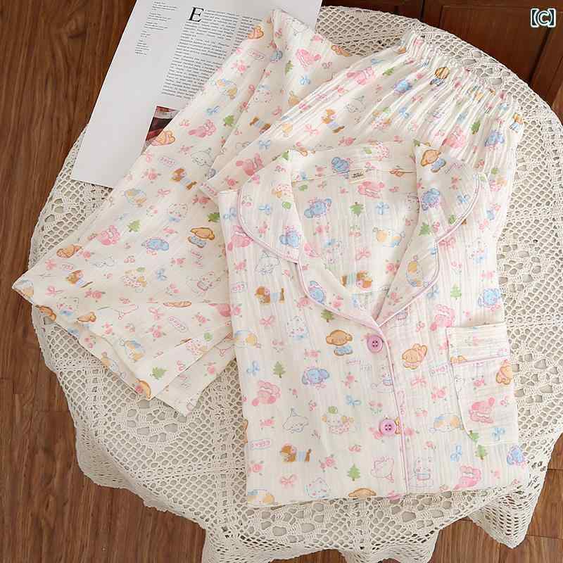 パジャマ　上下　薄手 A型 綿糸 二 重 ガーゼ レディース ホーム 服 スーツ 長袖 ズボン 薄手で 快適 リビング 韓国