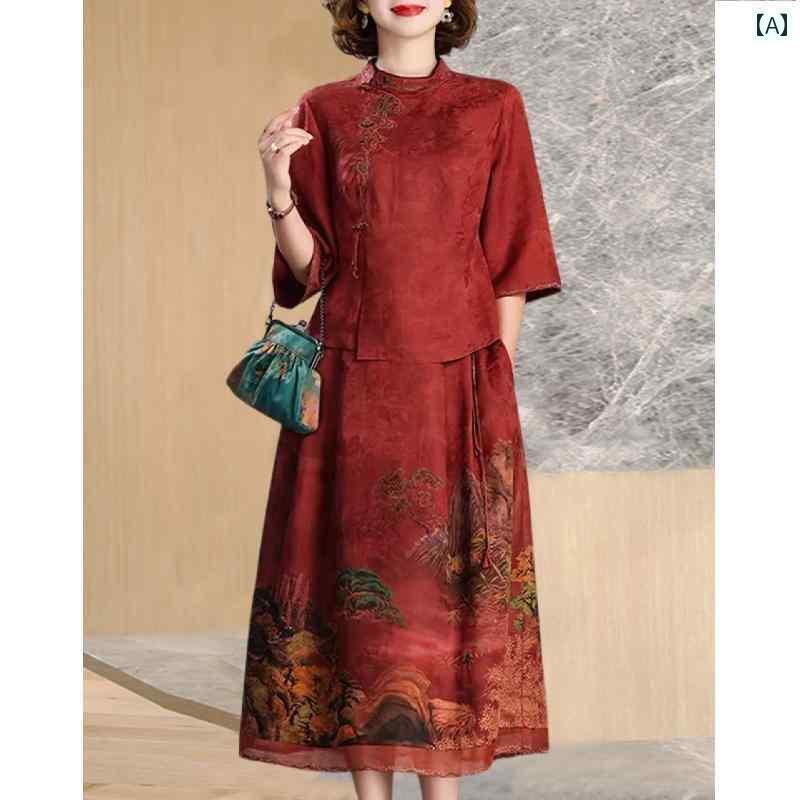 レディース　ツーピース　シルク 翔 雲 沙 シルクスカート ツーピース スーツ 女性用 夏 スタイル 母親 高級 ゆったり ウェディング 義母用