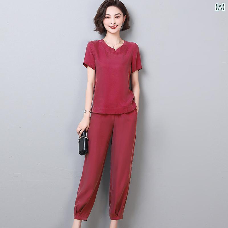 レディース　ツーピース　シルク マザーズ ウェアの 銅 アンモニア シルク レディーススーツ 2025 夏 ..