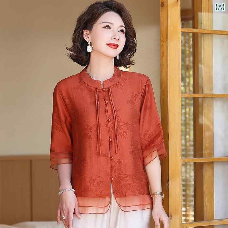 レディース　ツーピース　シルク チャイナ風 母親の 夏の トップス 桑 シルク ツーピース スーツ 中年..