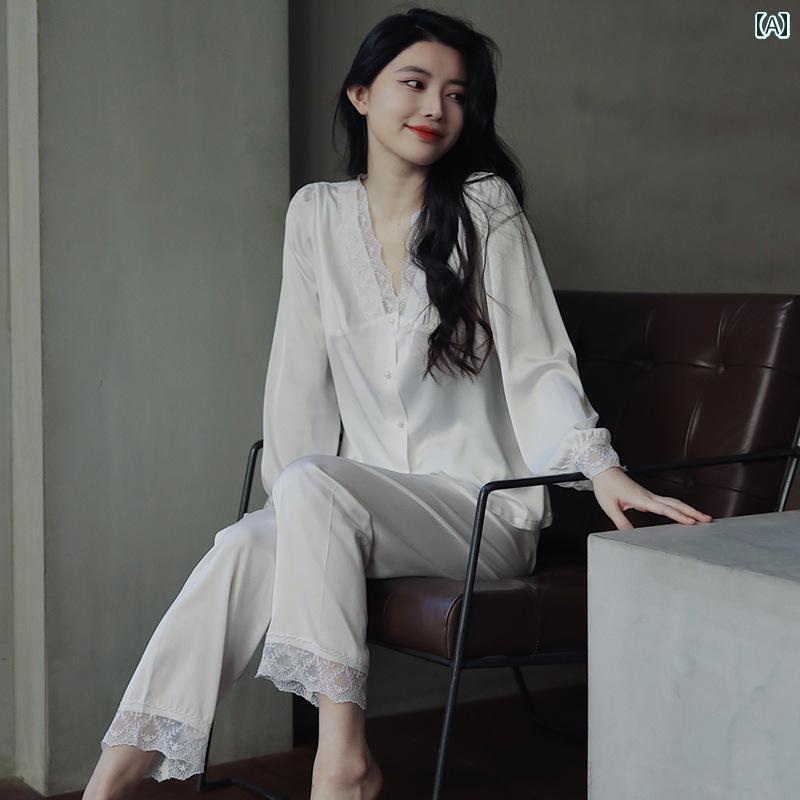 レディース　ツーピース　シルク シルクパジャマ 女性 秋冬 薄手 スタイル 100 % 桑 絹 高級 ホーム 服 レースプルオーバー スーツ