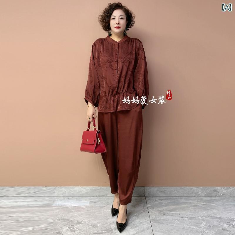 レディース　ツーピース　シルク ママ スーツ 2025 春夏 桑 シルク ツーピース 欧米風 ジャカード トッ..