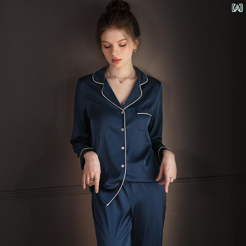 レディース　ツーピース　シルク パジャマ シルクパジャマ 女性 長袖 ズボン ツーピース スーツ 桑 絹 シルク 家庭 服 春を 強制