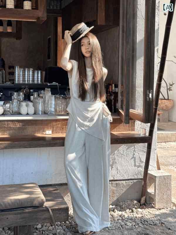 レディース　ツーピース　シルク 2025夏の 女性用 小さめの非 衝突 コットンリネン スーツ 高級 不規則..