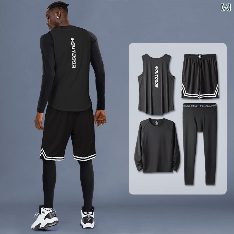 Men'S Wear - メンズ　フィットネス　タイト　 バスケットボール スポーツ スーツ メンズ ベスト ボトム 速乾 タイト 長袖 スプリング ジャージ トレーニング 薄手 4点 装備