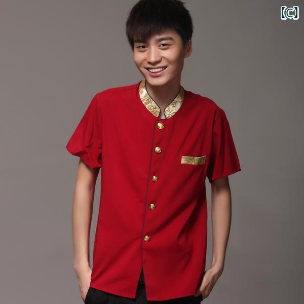 作業着　ウェイター　スタッフ ホテルの ウェイターの 作業着 夏の レストランの 服 半袖の ケータリングの メンズ ユニフォーム