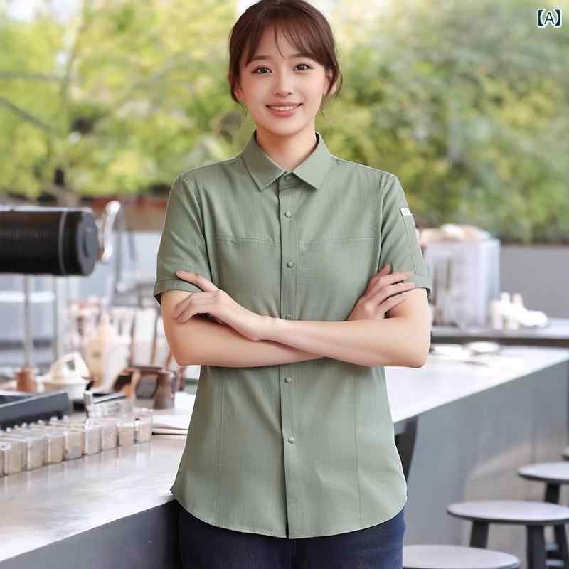 作業服　スタッフ　ホール ケータリング ウェイター 作業着 半袖 夏 無地 シャツ コーヒー ミルクティ..