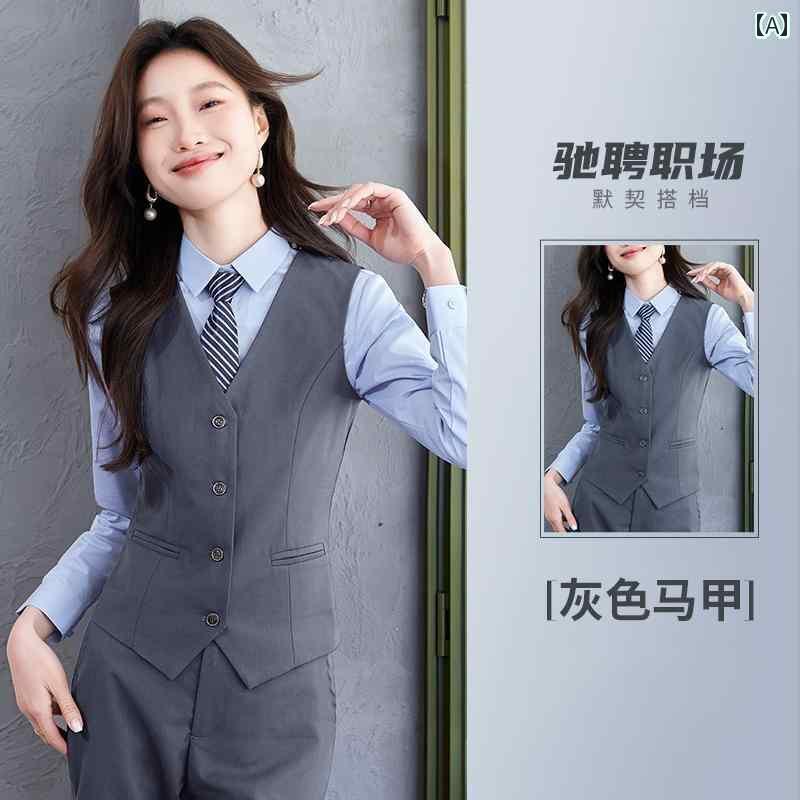 作業服　スタッフ　ホール 美容師 作業着 女性 グレー プロ ベスト スーツ ホテル レストラン KTV サー..