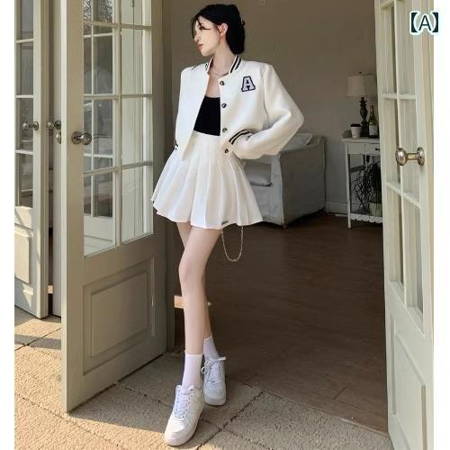 レディース カジュアル トップス 2025年 初春の 女性用 スポーツ カジュアル スーツ プリーツスカートを 着る ストリート ファッション 野球 秋用の ツーピース