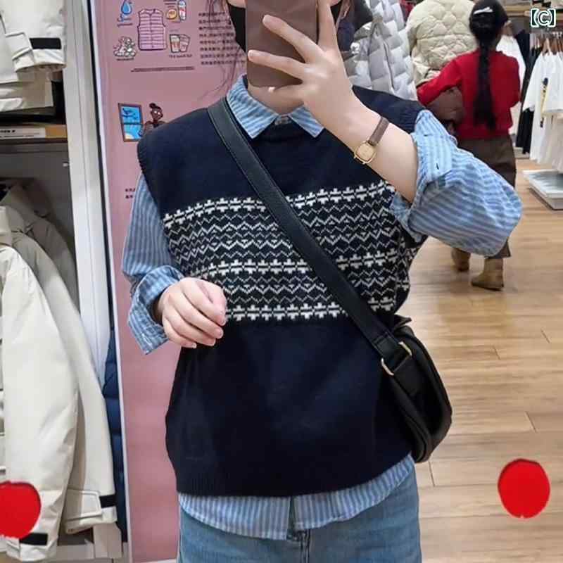 レディース　カジュアル　トップス 春の 服装 セット： おしゃれな ラウンドネックの ニット ベスト エレガントな ストライプシャツ ストレート レッグの スリム ジーンズ スリーピーススーツ s-share-global-10584869 サポートシェアグローバル サンプル画像3
