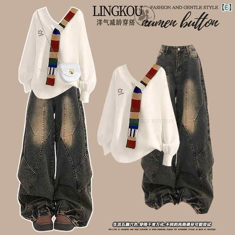 レディース トップス カジュアル 大きめ サイズ レディース 春秋 組み合わせの ハイエンドの 年齢を 減らす な ニット セーター ジーンズ ツーピース セットの 完全な セット